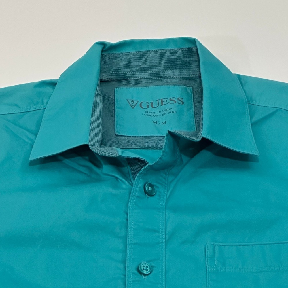 GUESS Men's Short Sleeve Button-Up‎ Shirt Teal Turquoise Size M